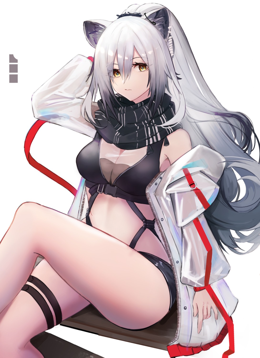animal_ears, arknights, garter, kuguiema, open_shirt, schwarz_(arknights), see_through