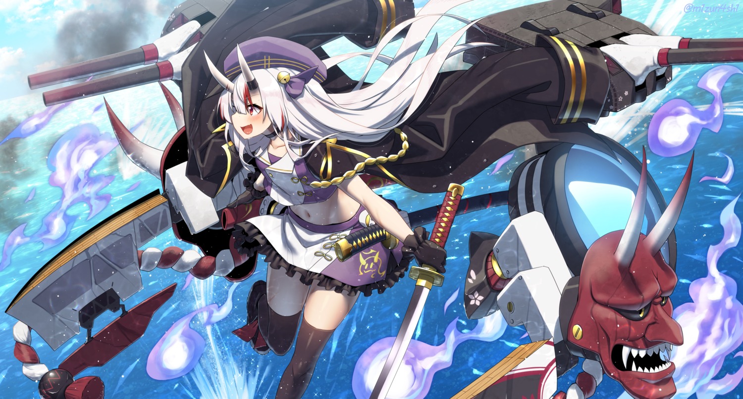azur_lane, hololive, horns, mizunashi_(second_run), nakiri_ayame, skirt_lift, sword, thighhighs
