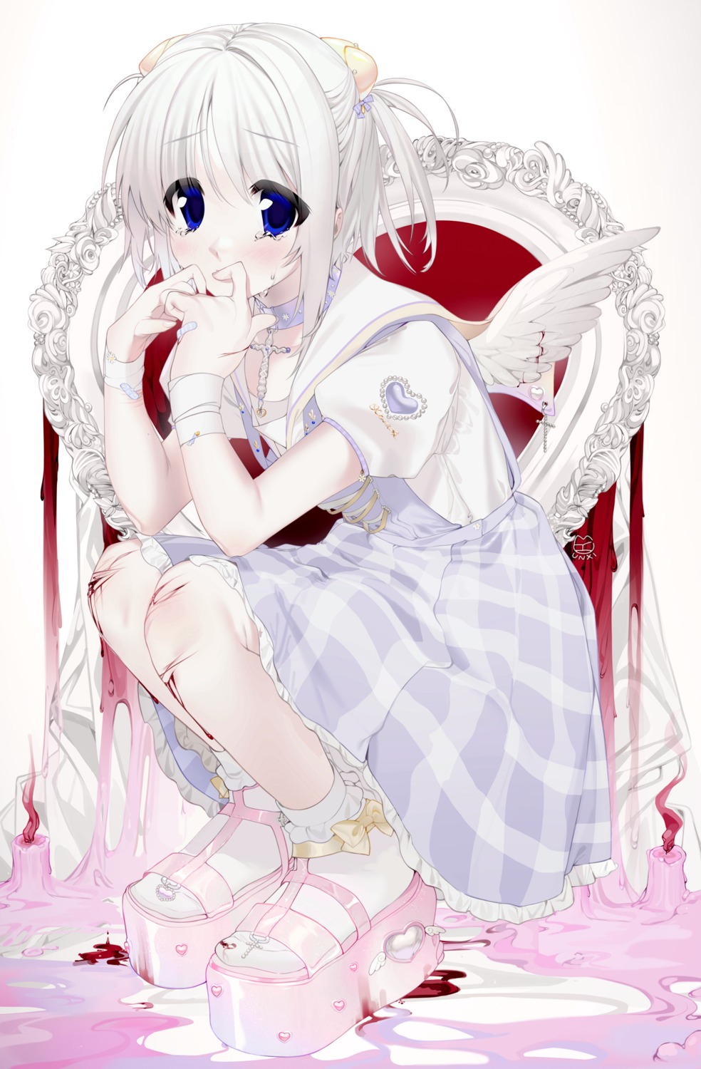 bandages, bandaid, blood, olivia_(unxi), seifuku, skirt_lift, unxi, wings