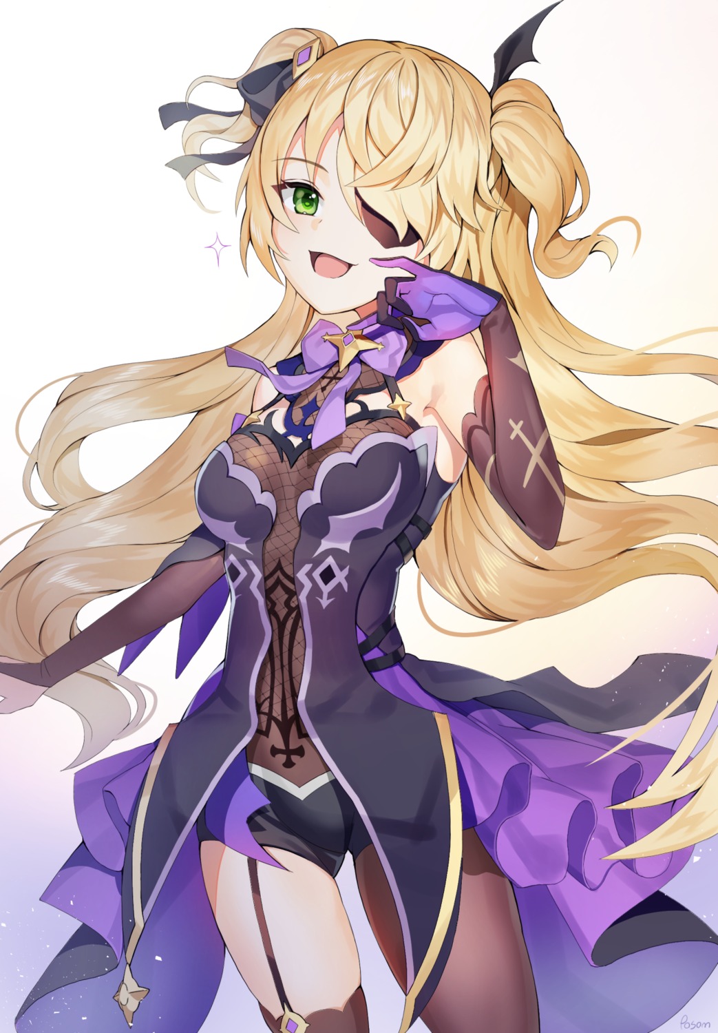 eyepatch, fischl, fishnets, genshin_impact, leotard, posom, stockings, thighhighs