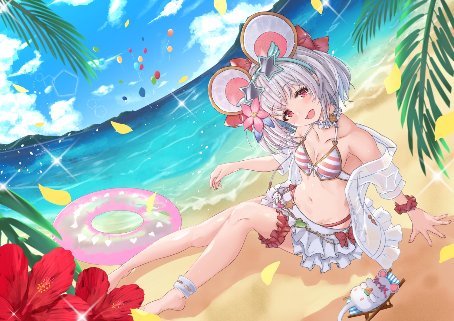 animal_ears, bikini, cleavage, garter, granblue_fantasy, laurier_(pixiv24528510), megane, open_shirt, see_through, skirt_lift, swimsuits, vikala_(granblue_fantasy)