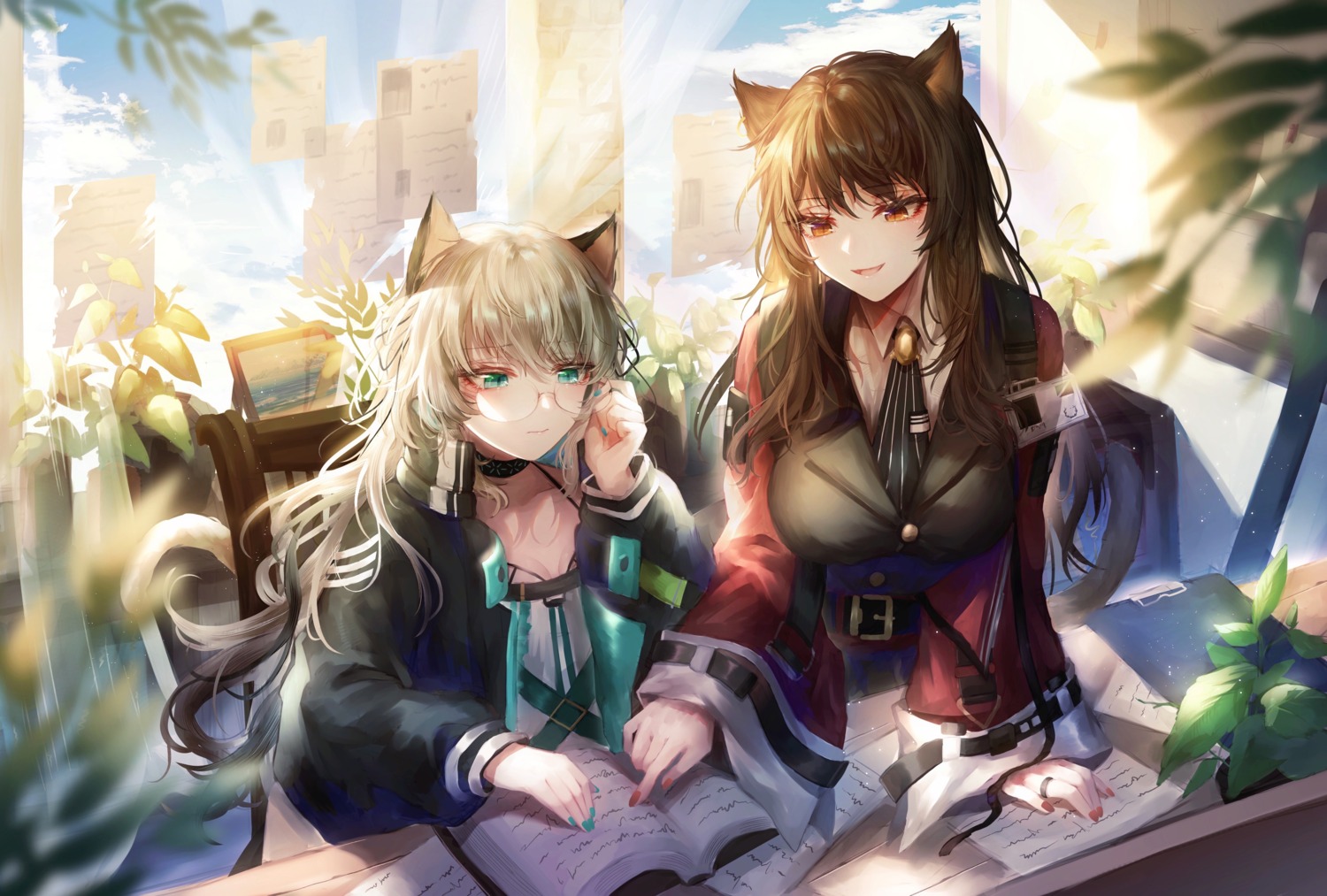 animal_ears, arknights, megane, nekomimi, skyfire_(arknights), tail, takano_jiyuu