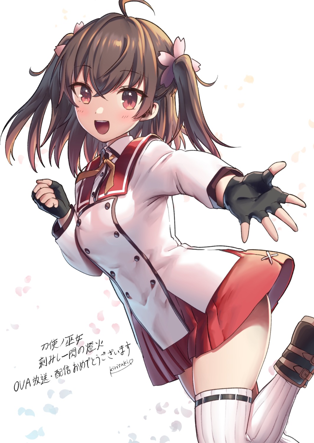 asakura_mihono, kirisaki_shuusei, seifuku, skirt_lift, thighhighs, toji_no_miko