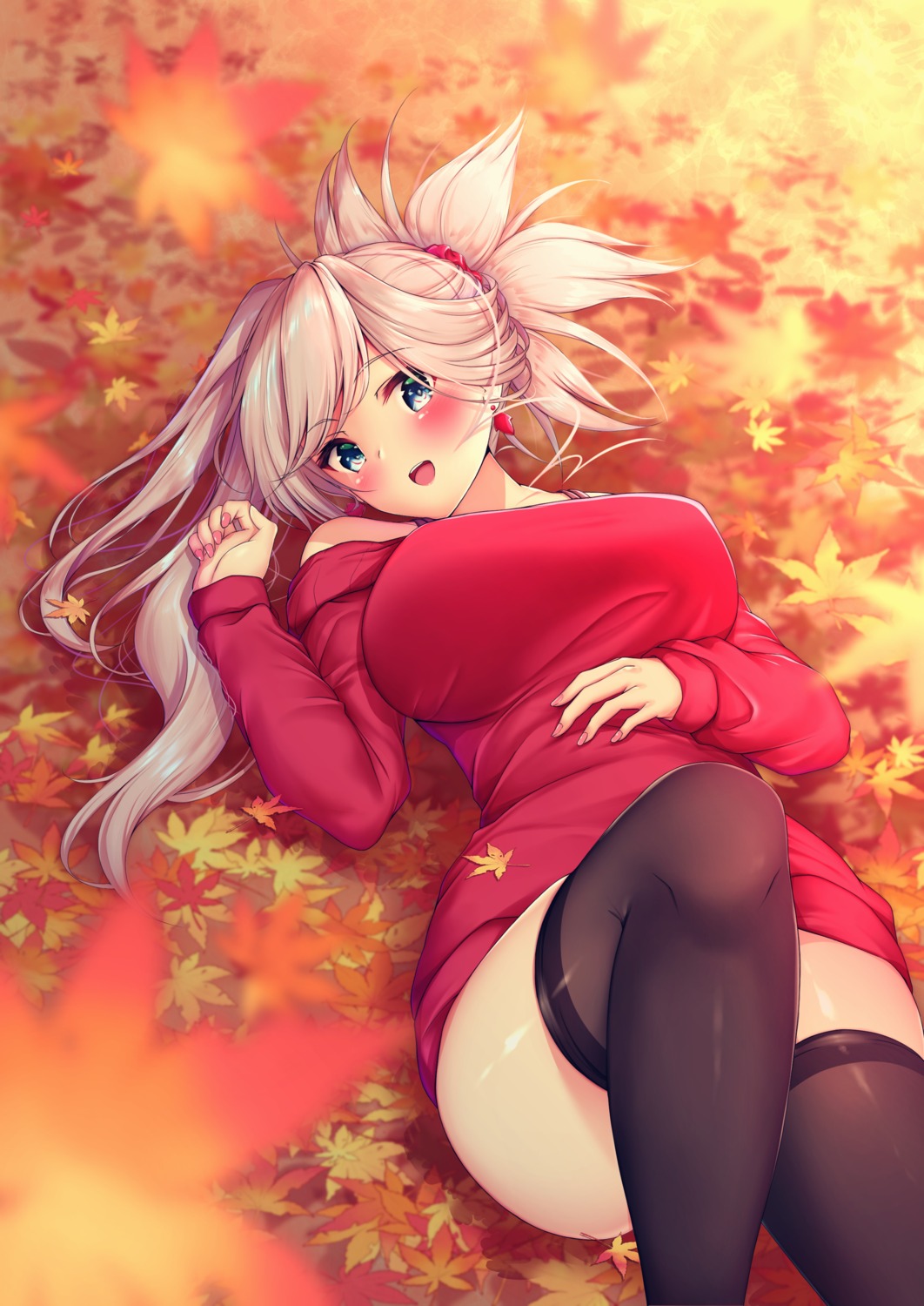 dress, fate/grand_order, miyamoto_musashi_(fate), namaponpon_00, skirt_lift, sweater, thighhighs