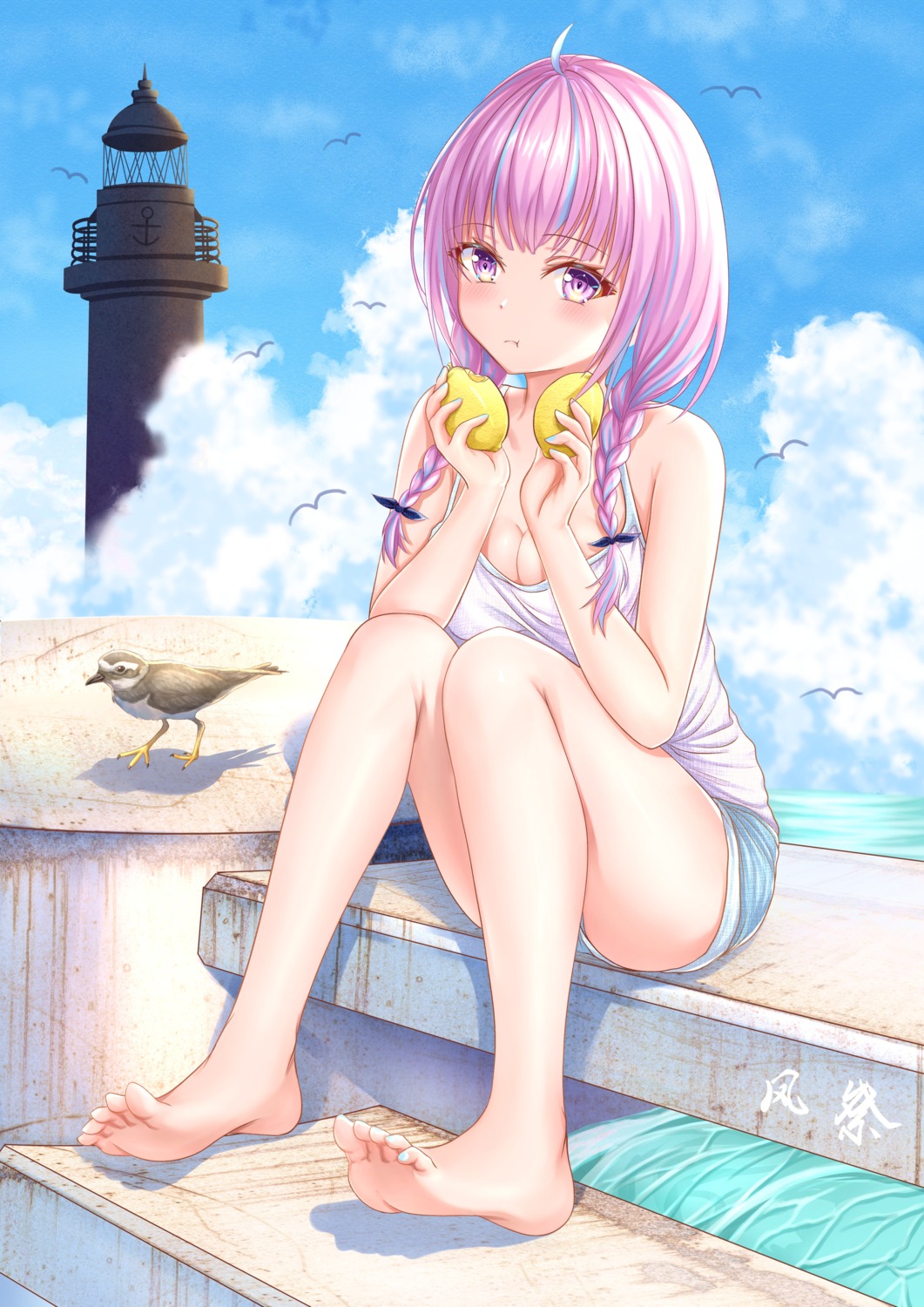 cleavage, feet, hololive, kazamatsuri_honatsu, minato_aqua