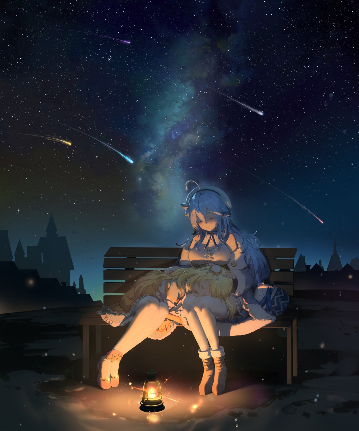 asian_clothes, cleavage, elf, heels, hololive, landscape, momosuzu_nene, pantyhose