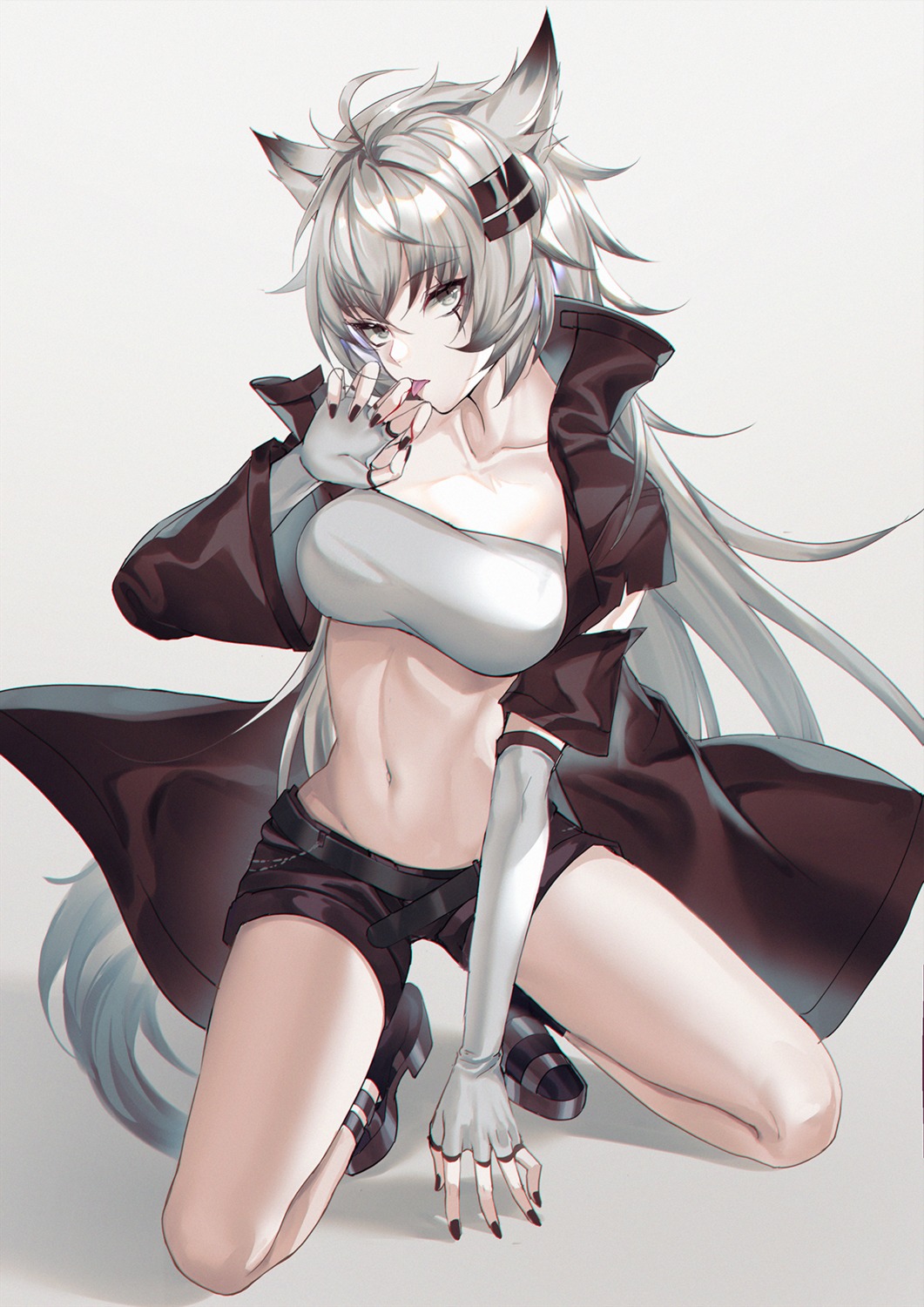 animal_ears, arknights, kernel_killer, lappland_(arknights), open_shirt, tail