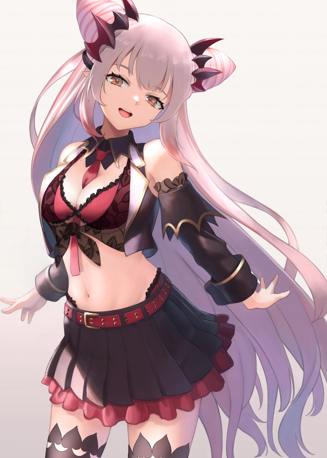 bra, cleavage, honey_strap, nanashi_inc., open_shirt, pointy_ears, suou_patra, thighhighs