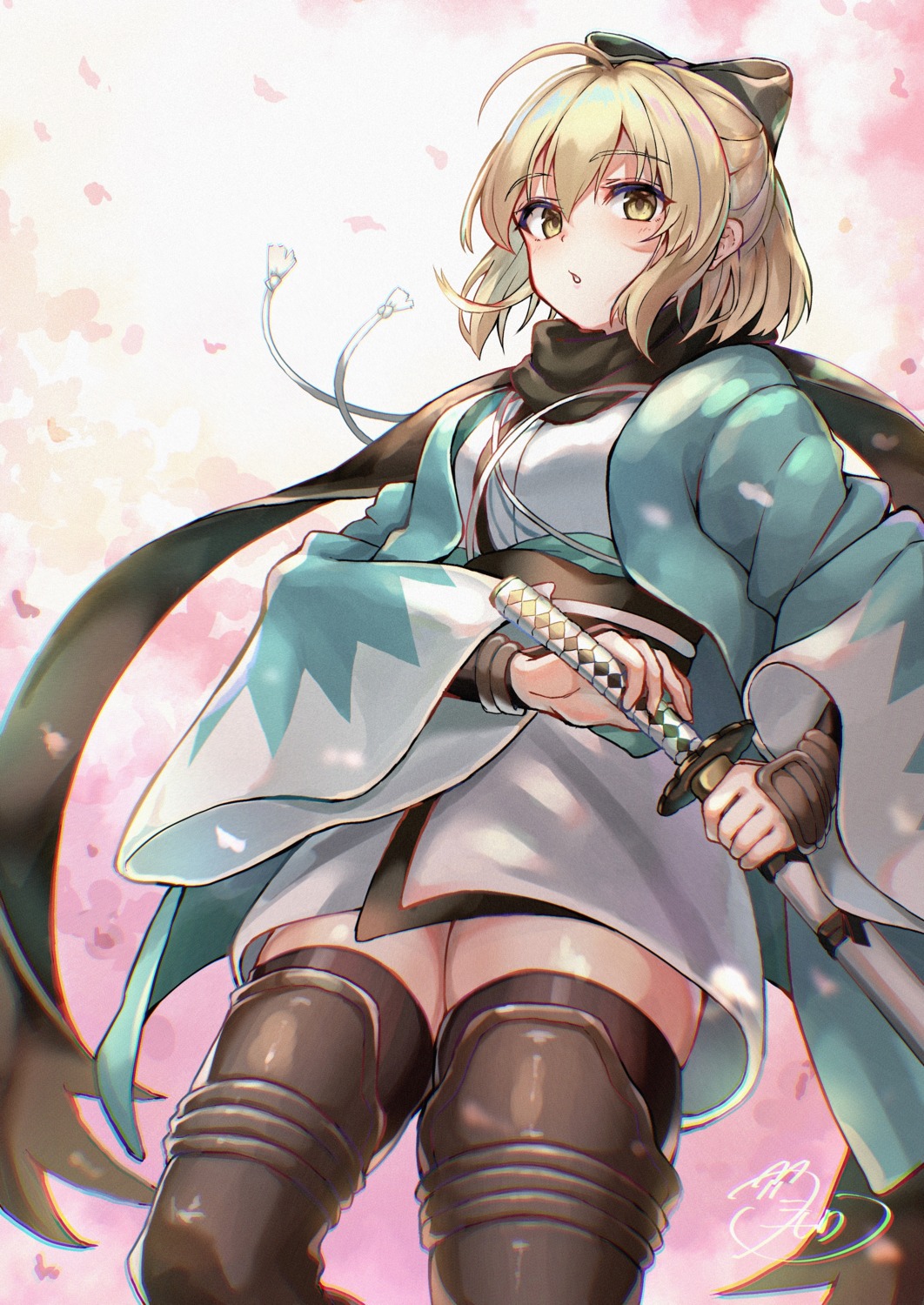 fate/grand_order, fueto_hiroki, japanese_clothes, okita_souji_(fate), sword, thighhighs