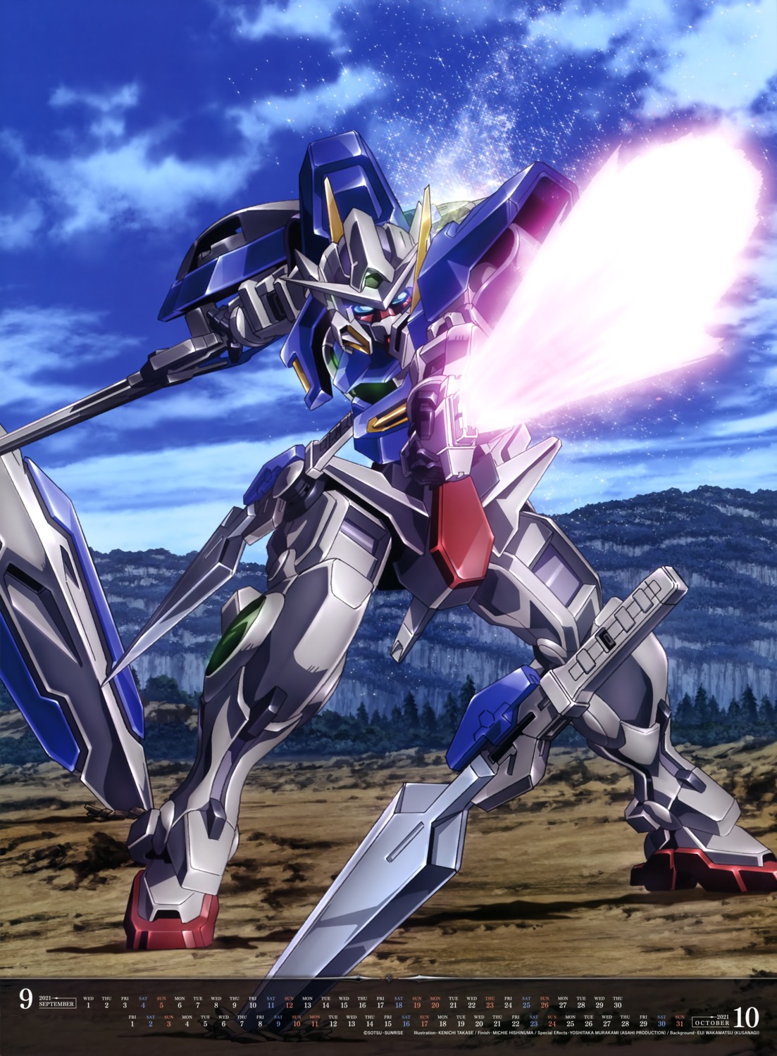calendar, gundam, gundam_00, gundam_exia, mecha, sword, takase_kenichi
