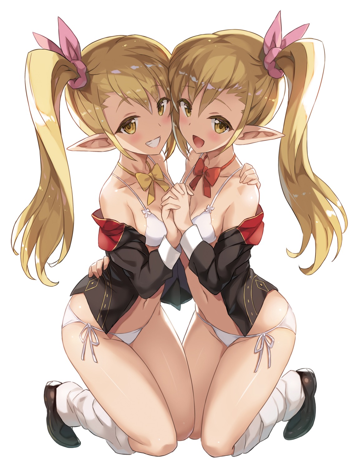 bikini, elf, kuro_no_senki, mutsumi_masato, open_shirt, pointy_ears, swimsuits, symmetrical_docking, yuri