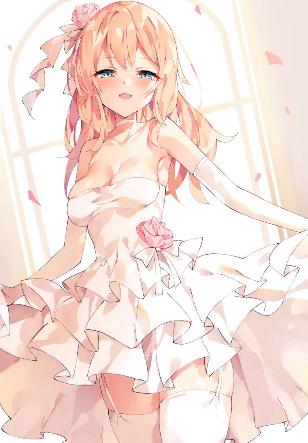 azur_lane, dress, leander_(azur_lane), no_bra, skirt_lift, stockings, thighhighs, unacchi, wedding_dress