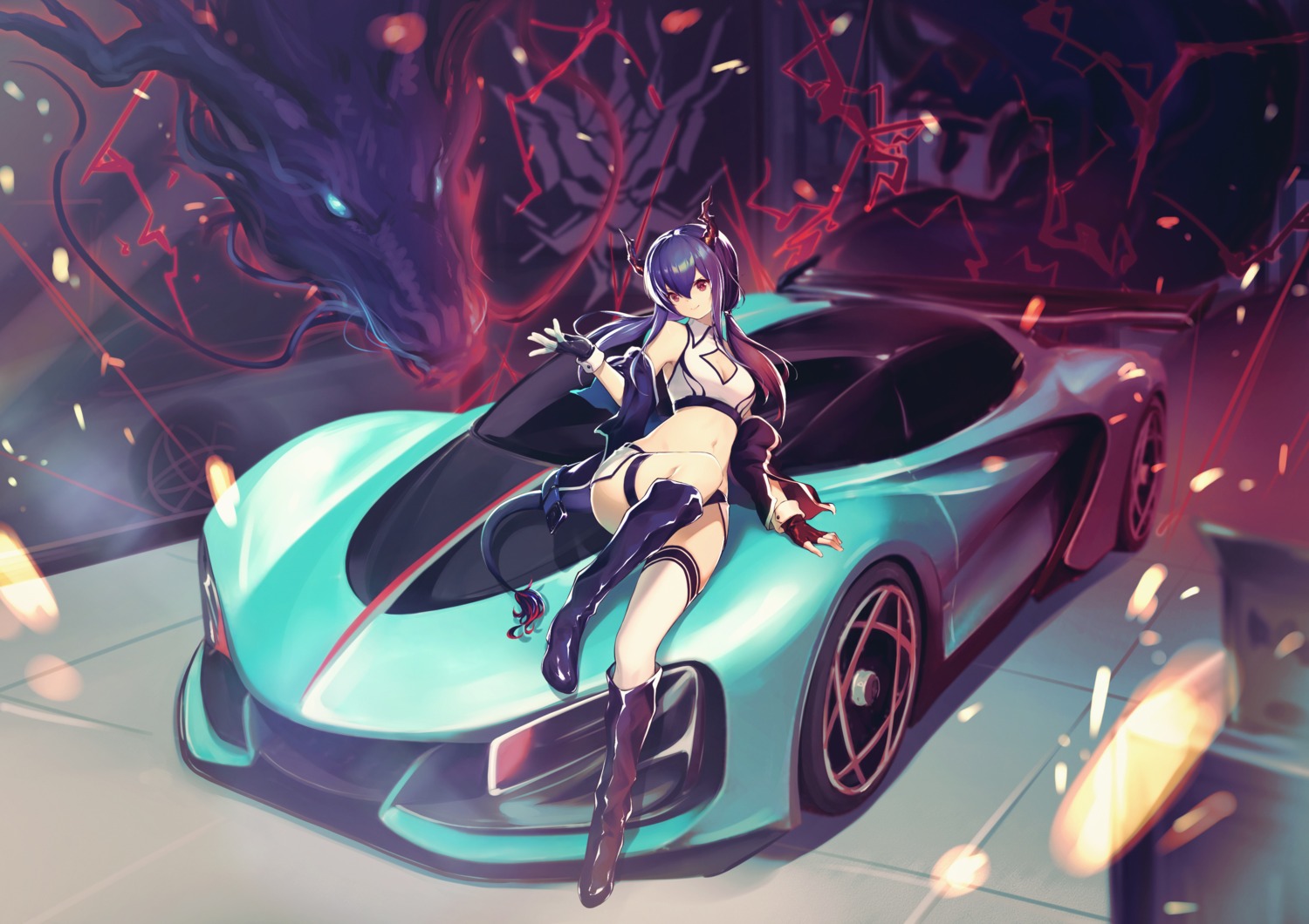 arknights, ch'en_(arknights), cleavage, heels, horns, jiusan_naitan, tail, thighhighs
