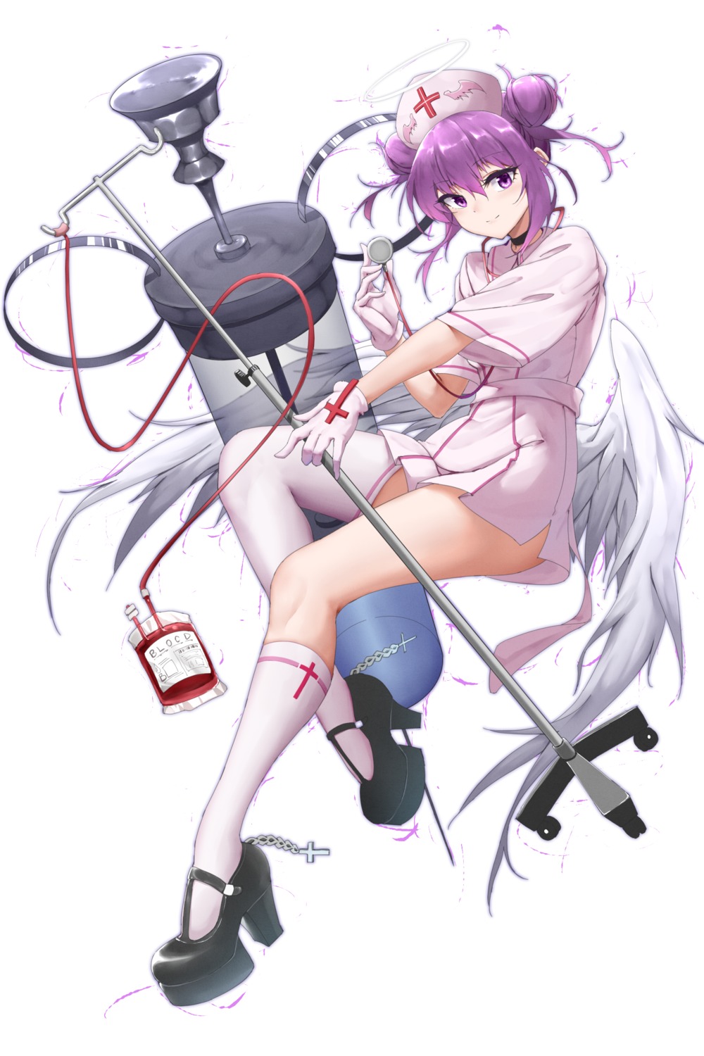 angel, blood, heels, kafeifeifeifeifeifei_jiemo_jun, nurse, skirt_lift, thighhighs, wings