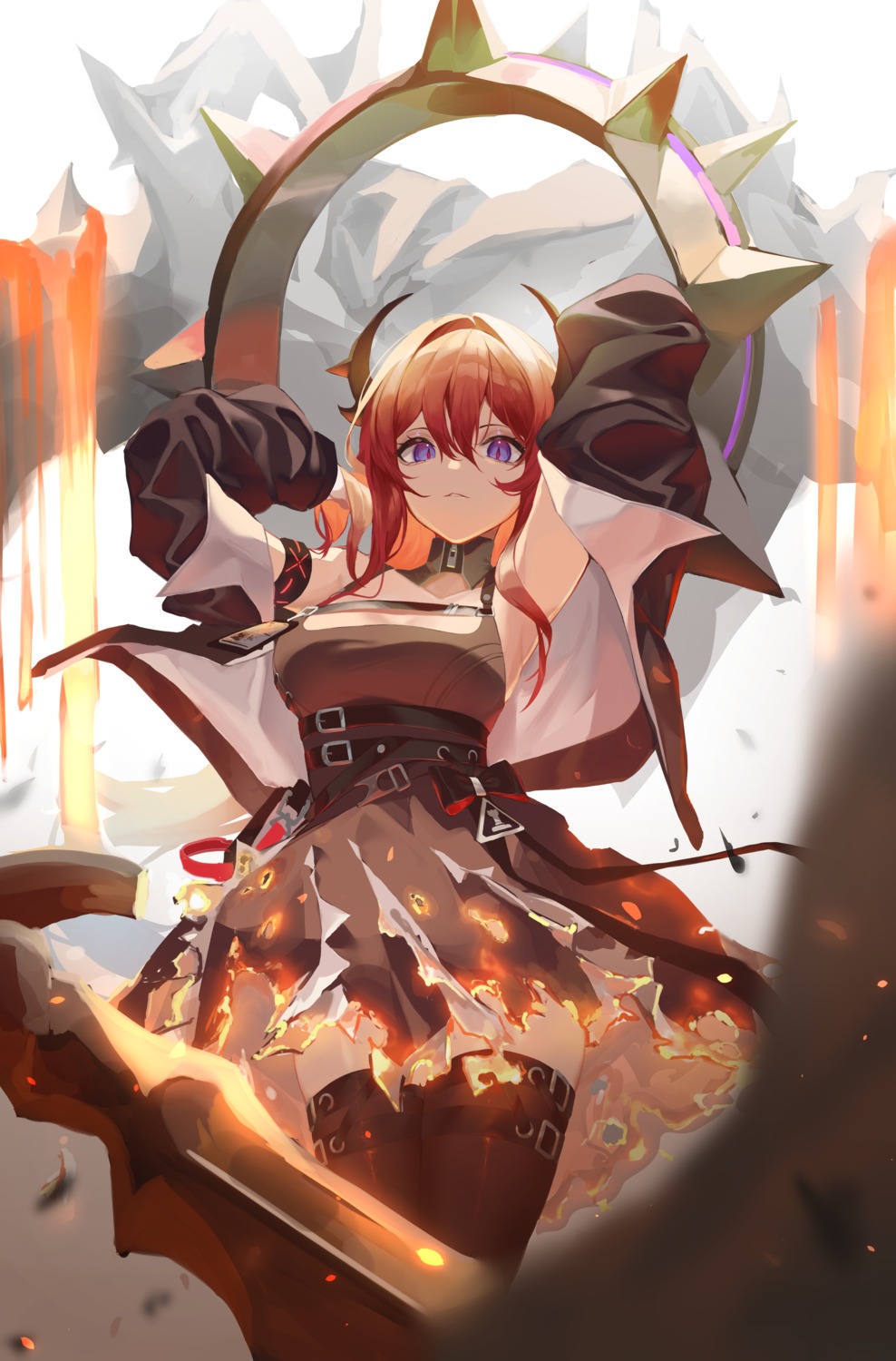 arknights, garter, horns, ryu_(yanagi), surtr_(arknights), thighhighs, torn_clothes