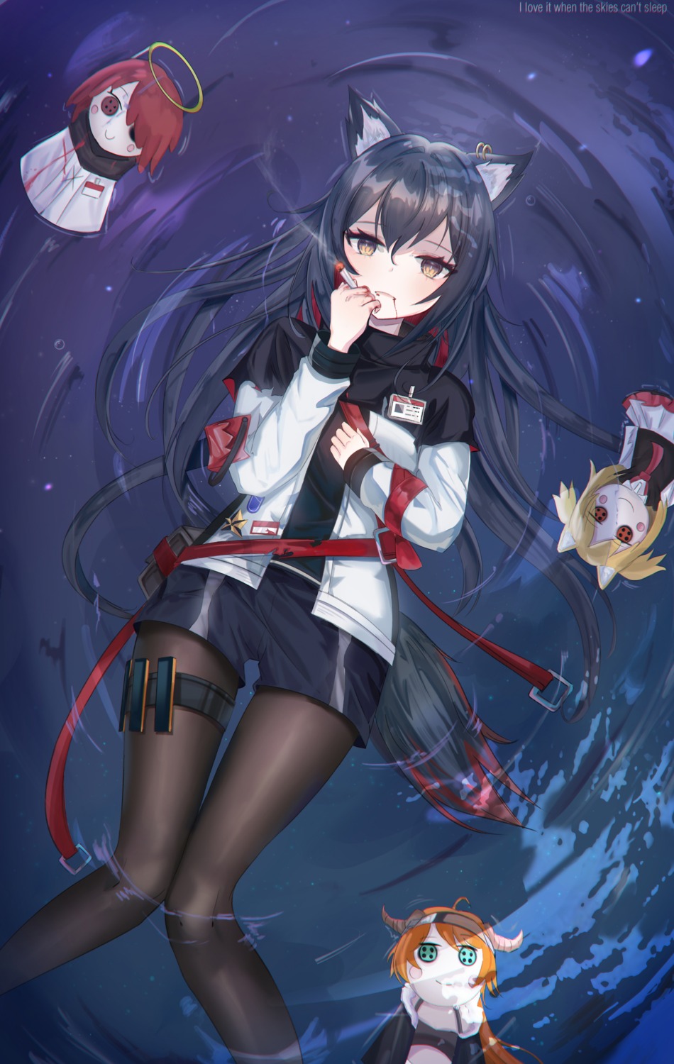 animal_ears, arknights, blood, chibi, garter, pantyhose, tail, texas_(arknights), wet, xxdentera