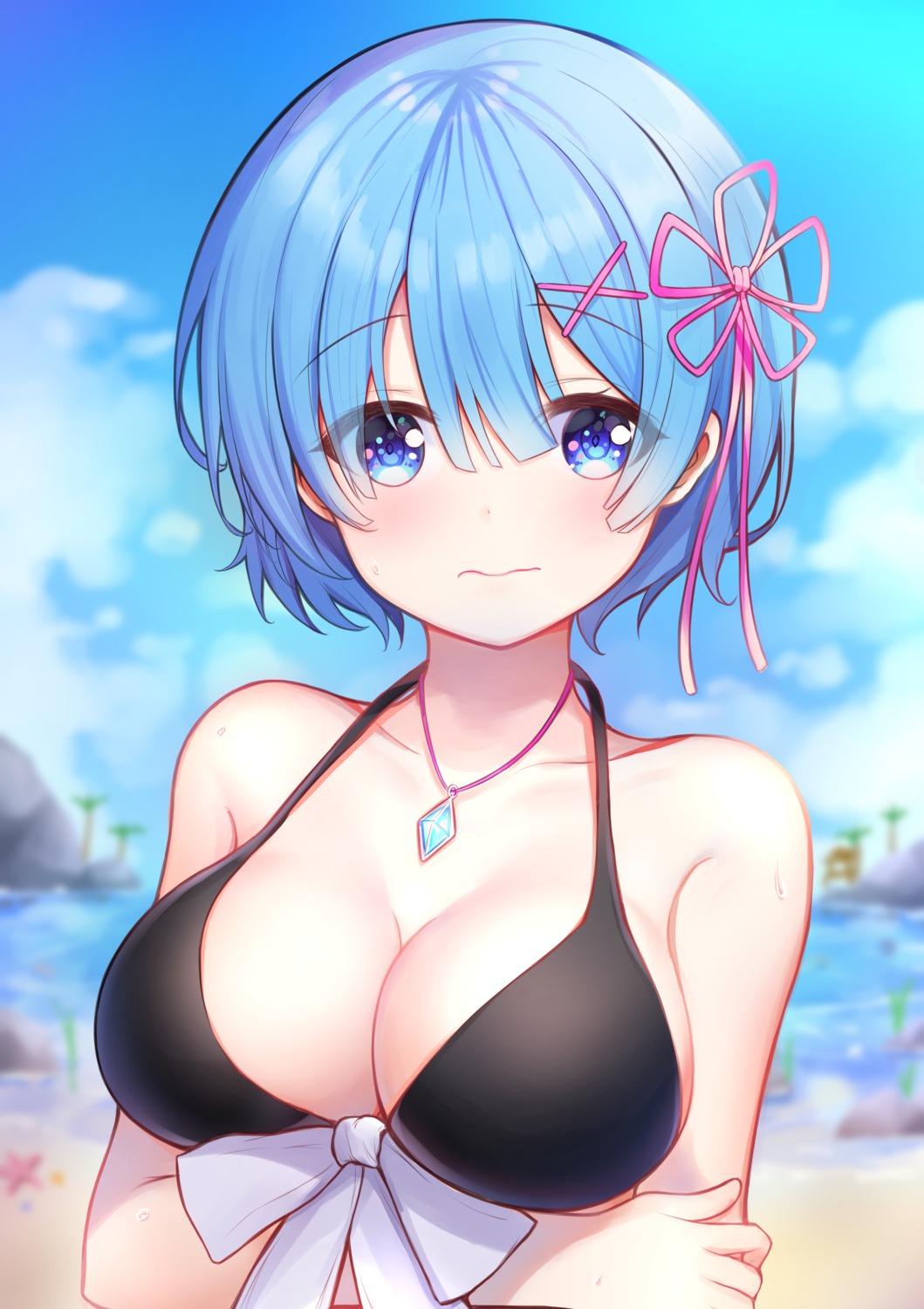 bikini_top, breast_hold, cleavage, machin4719, re:zero_kara_hajimeru_isekai_seikatsu, rem_(re_zero), swimsuits
