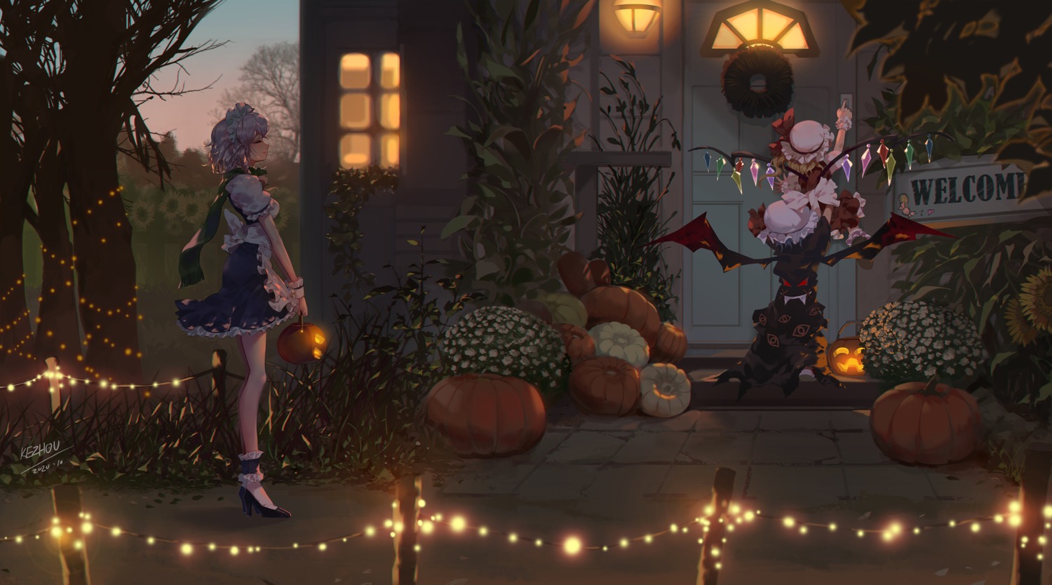 flandre_scarlet, halloween, heels, izayoi_sakuya, kezhou, maid, remilia_scarlet, touhou, wings