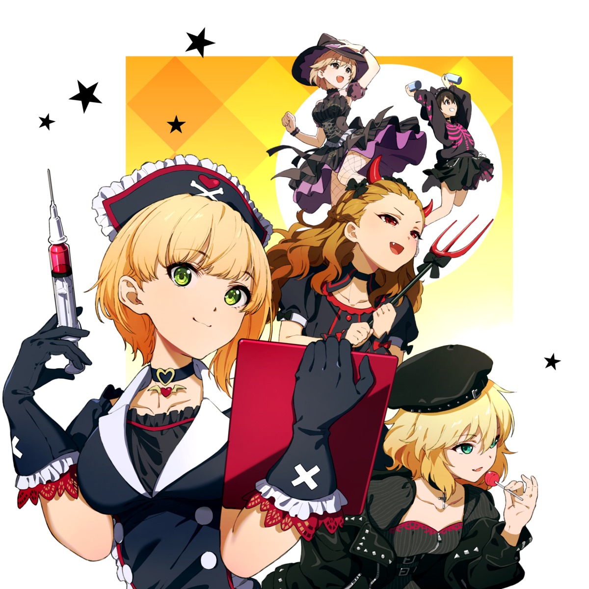aiba_yumi, akagi_miria, fishnets, halloween, horns, miyamoto_frederica, motoki_(hisano_motoki), nurse