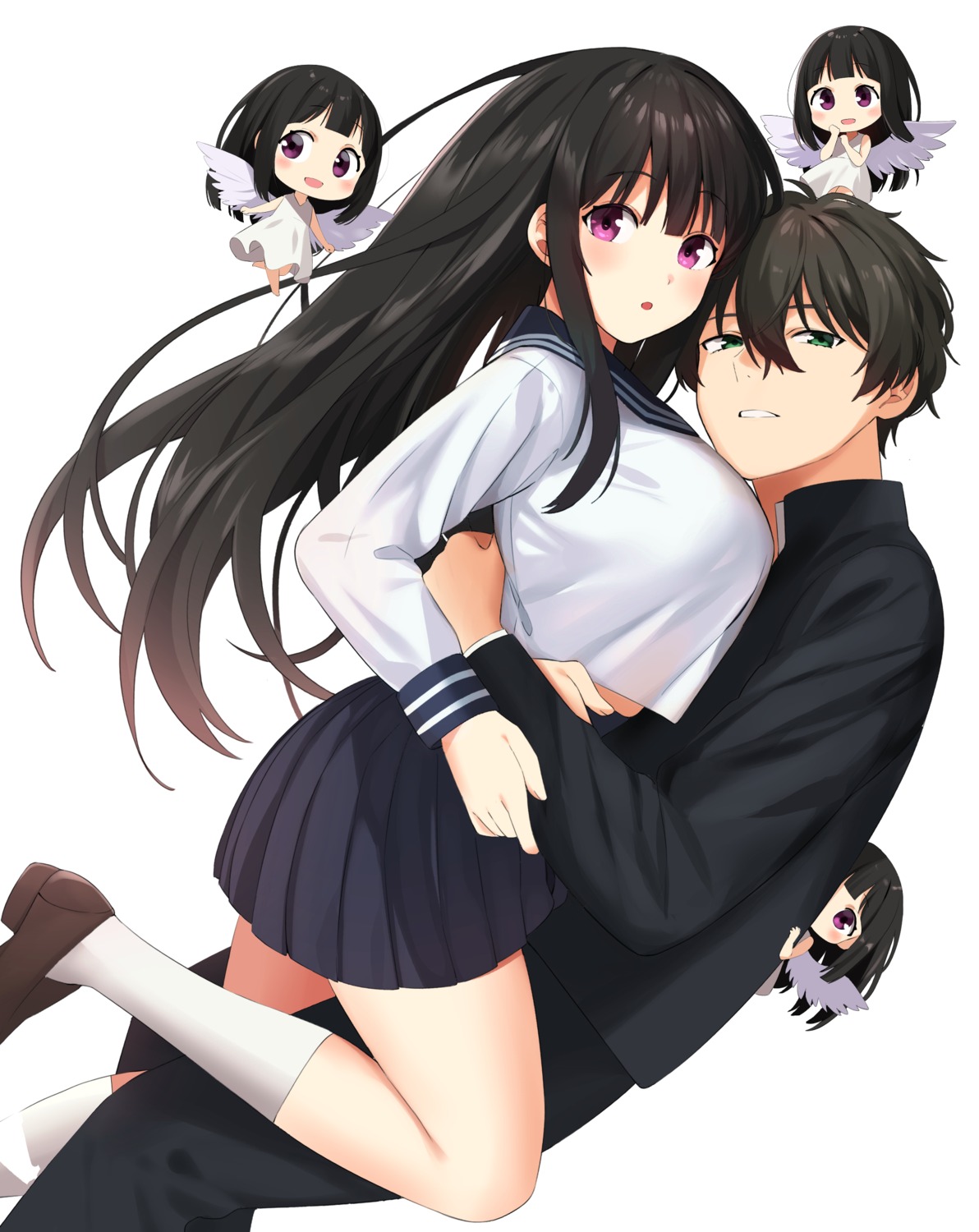 chibi, chitanda_eru, dress, hyouka, meettheton, oreki_houtarou, seifuku, wings