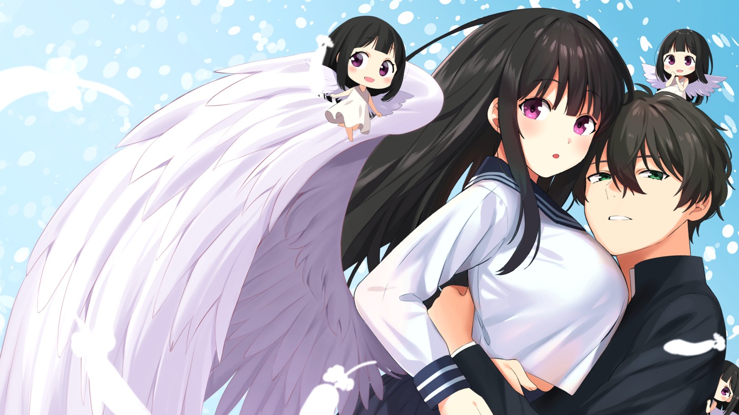 chibi, chitanda_eru, dress, hyouka, meettheton, oreki_houtarou, seifuku, wallpaper