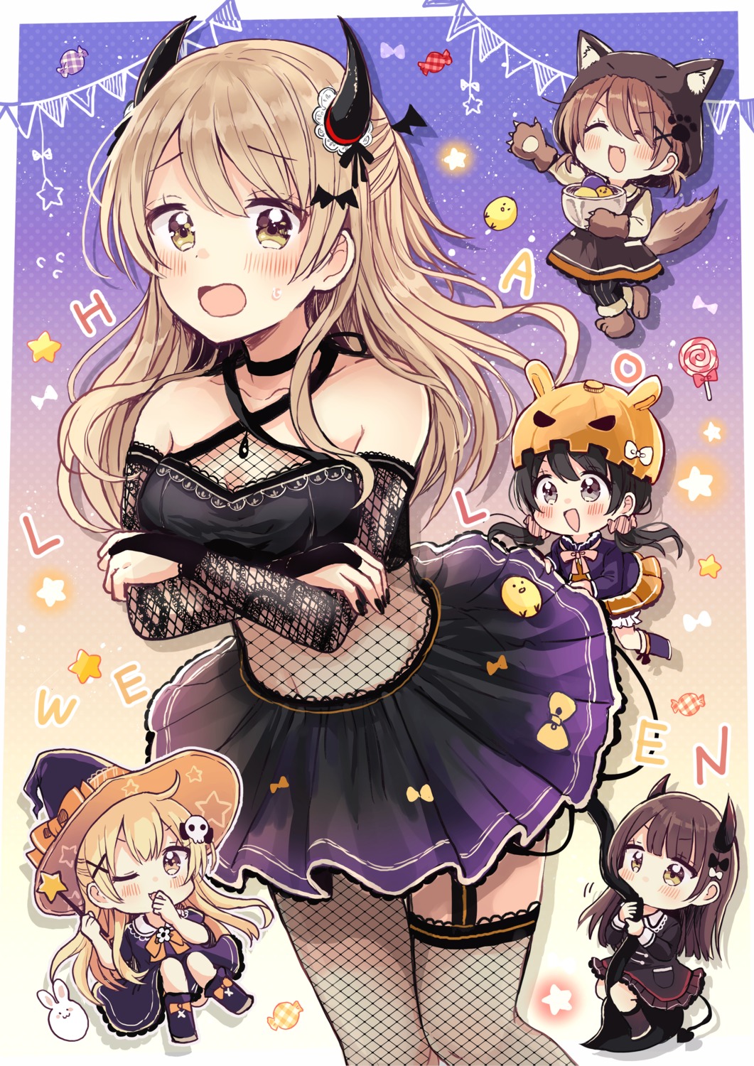 breast_hold, chibi, dress, fishnets, higuchi_kaede_(swing!), horns, miyasato_haruka, okamoto_natsuhi