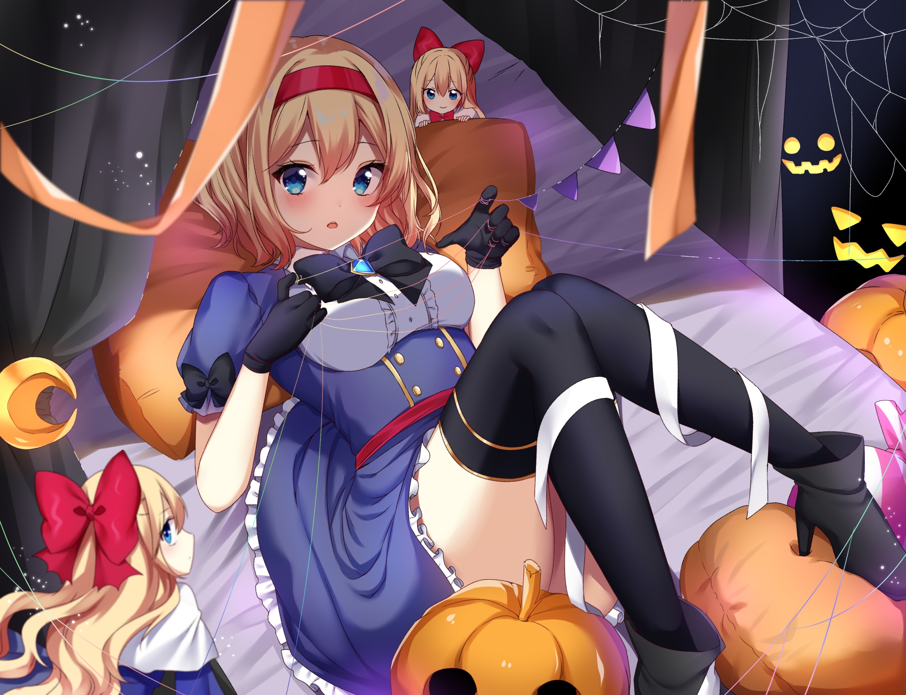 alice_margatroid, halloween, heels, shanghai_doll, shiki_(s1k1xxx), skirt_lift, thighhighs, touhou