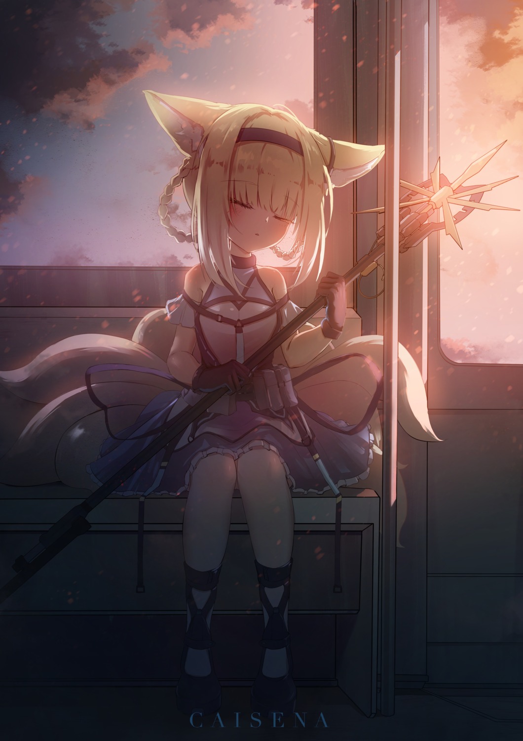 animal_ears, arknights, caisena, kitsune, suzuran_(arknights), tail, weapon