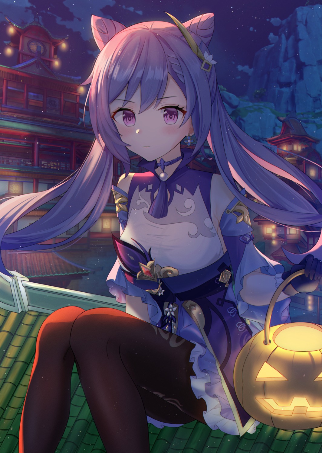 asian_clothes, color0509, genshin_impact, halloween, keqing, pantyhose, skirt_lift