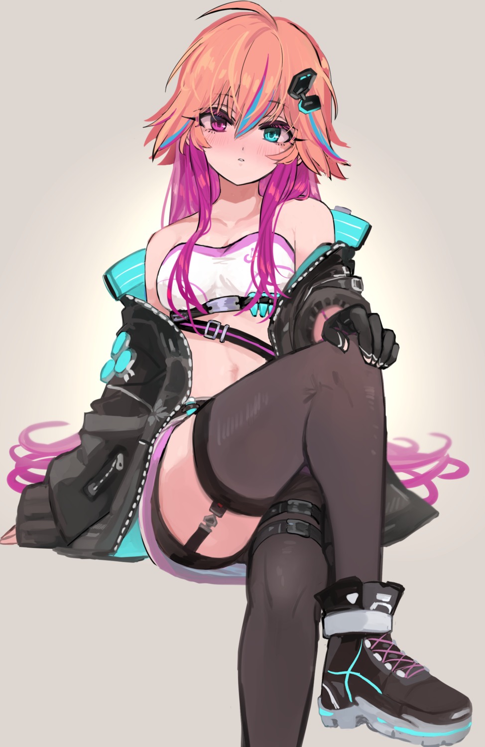 bra, cleavage, garter, heterochromia, ninomiya_asuka, nuruo_(pixiv39067734), open_shirt, skirt_lift