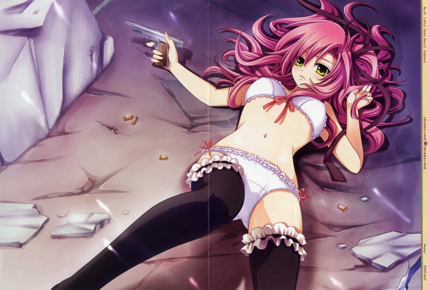 bra, crease, garter, gun, highsox, mikanagi_marika, pantsu, shimachiyo, spicy_spycy!, thighhighs