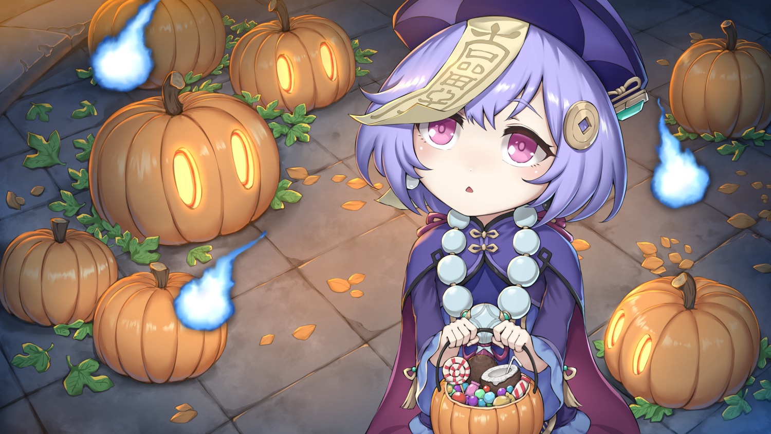 asian_clothes, genshin_impact, halloween, qiqi, wallpaper, yuki7128