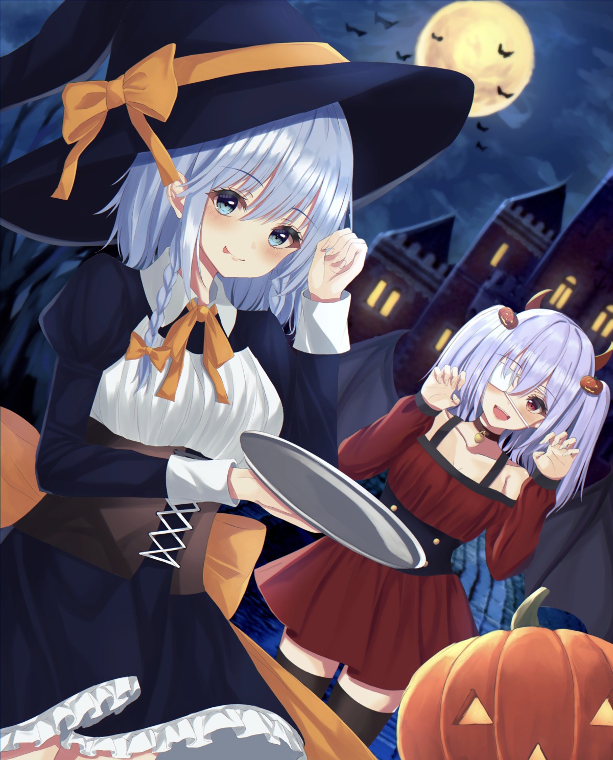 dress, eyepatch, halloween, horns, izayoi_sakuya, kure:kuroha, remilia_scarlet, skirt_lift