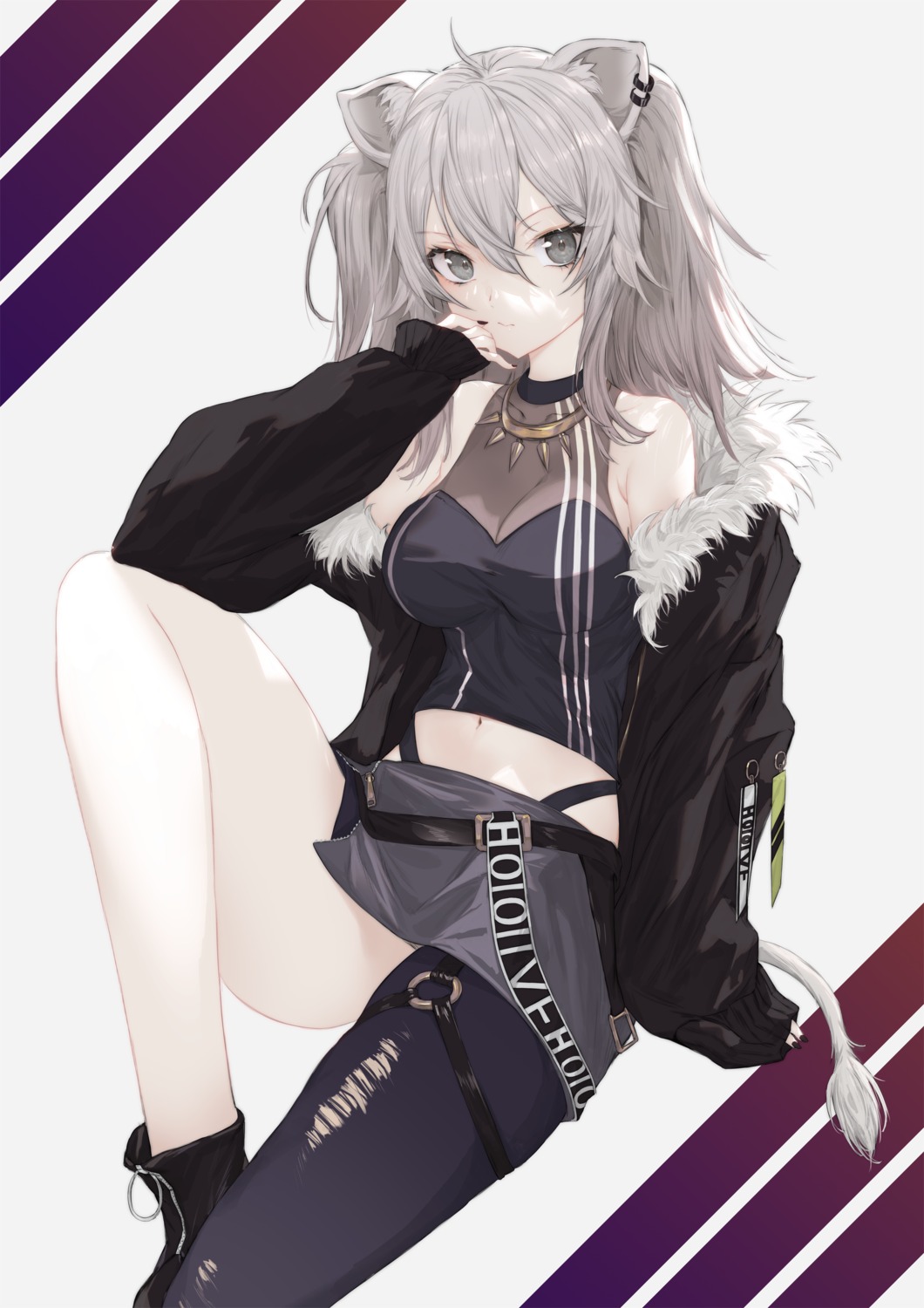animal_ears, bangosu, cleavage, garter, hololive, see_through, shishiro_botan, skirt_lift, torn_clothes