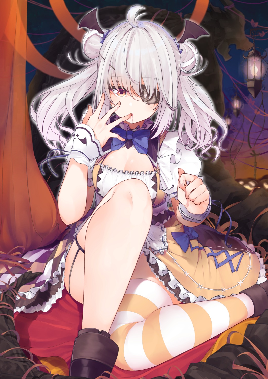 eyepatch, garter, halloween, miya_ur, skirt_lift, thighhighs