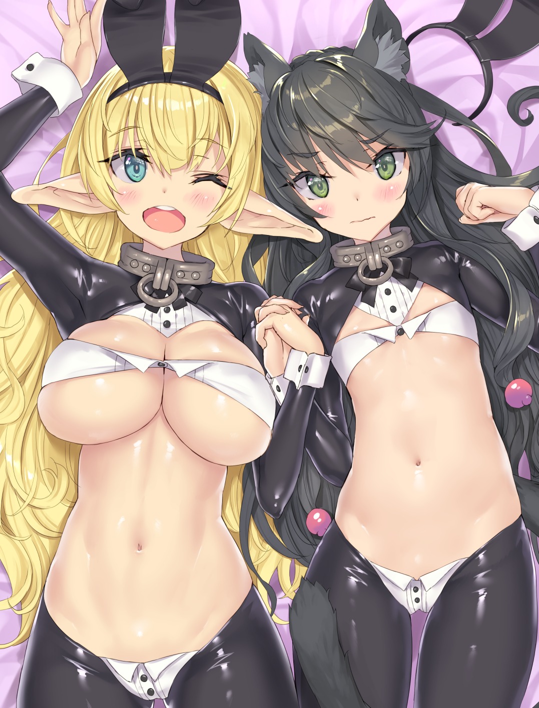 animal_ears, bunny_ears, bunny_girl, elf, isekai_maou_to_shoukan_shoujo_no_dorei_majutsu, nekomimi, no_bra, nopan, pantyhose, pointy_ears, rem_galleu, shera_l._greenwood, tail, tsurusaki_takahiro
