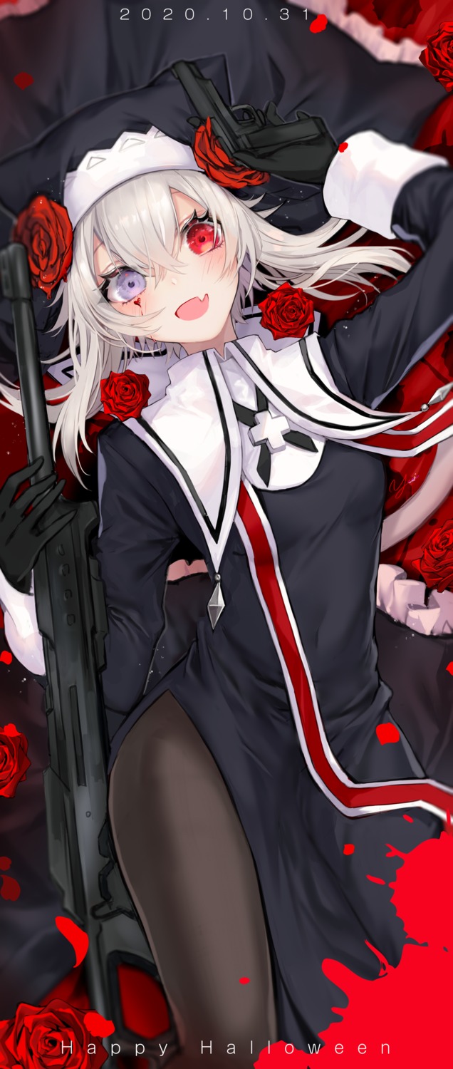 blood, gun, halloween, heterochromia, nun, pantyhose, torn_clothes, yui_(kawalcjil4)