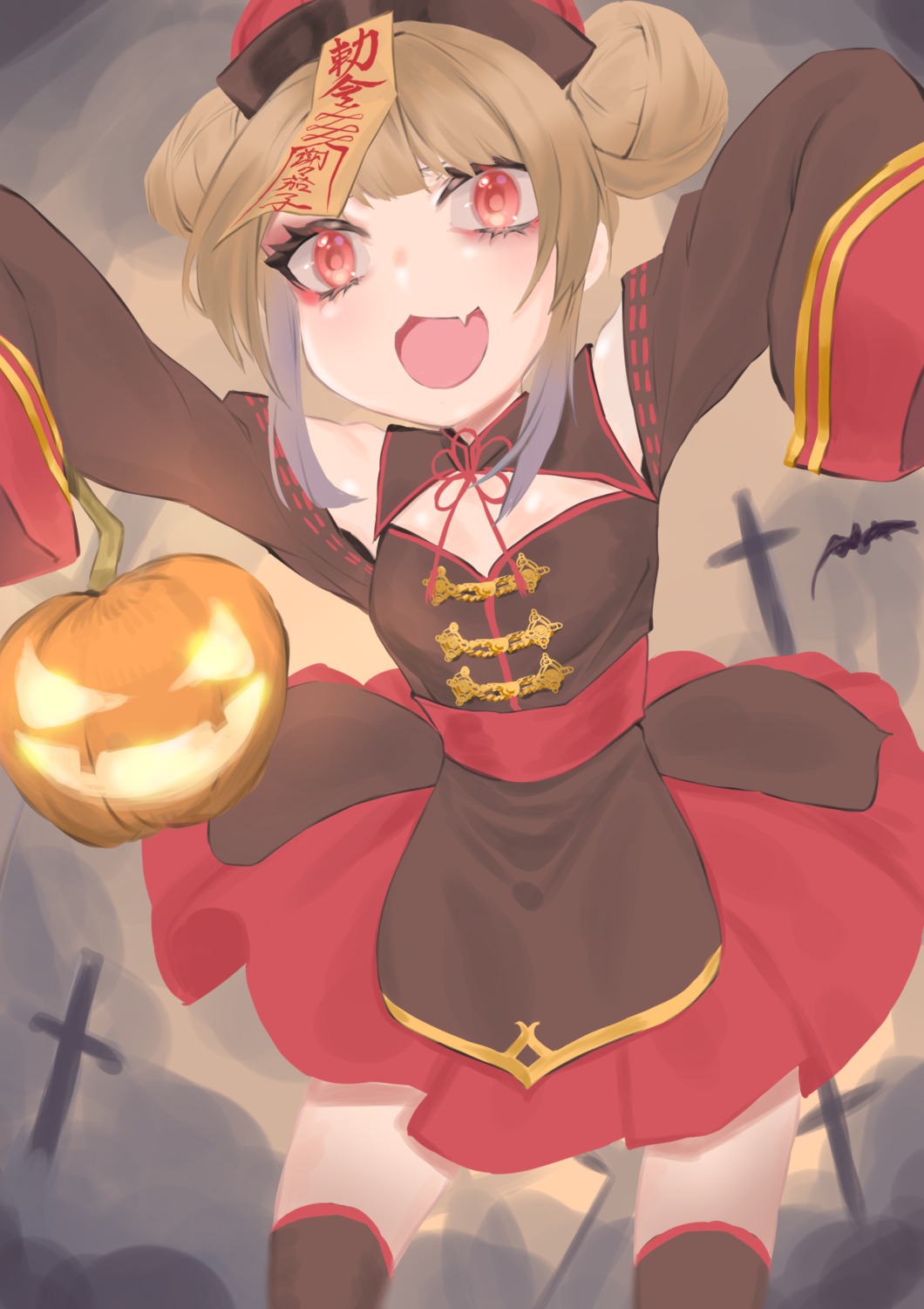 asian_clothes, cleavage, halloween, indie_virtual_youtuber, meshiya, natori_sana, skirt_lift, thighhighs