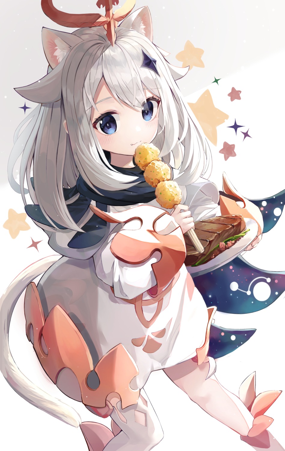 animal_ears, animal_ears_(artist), artist_revision, genshin_impact, nekomimi, paimon, tail, thighhighs