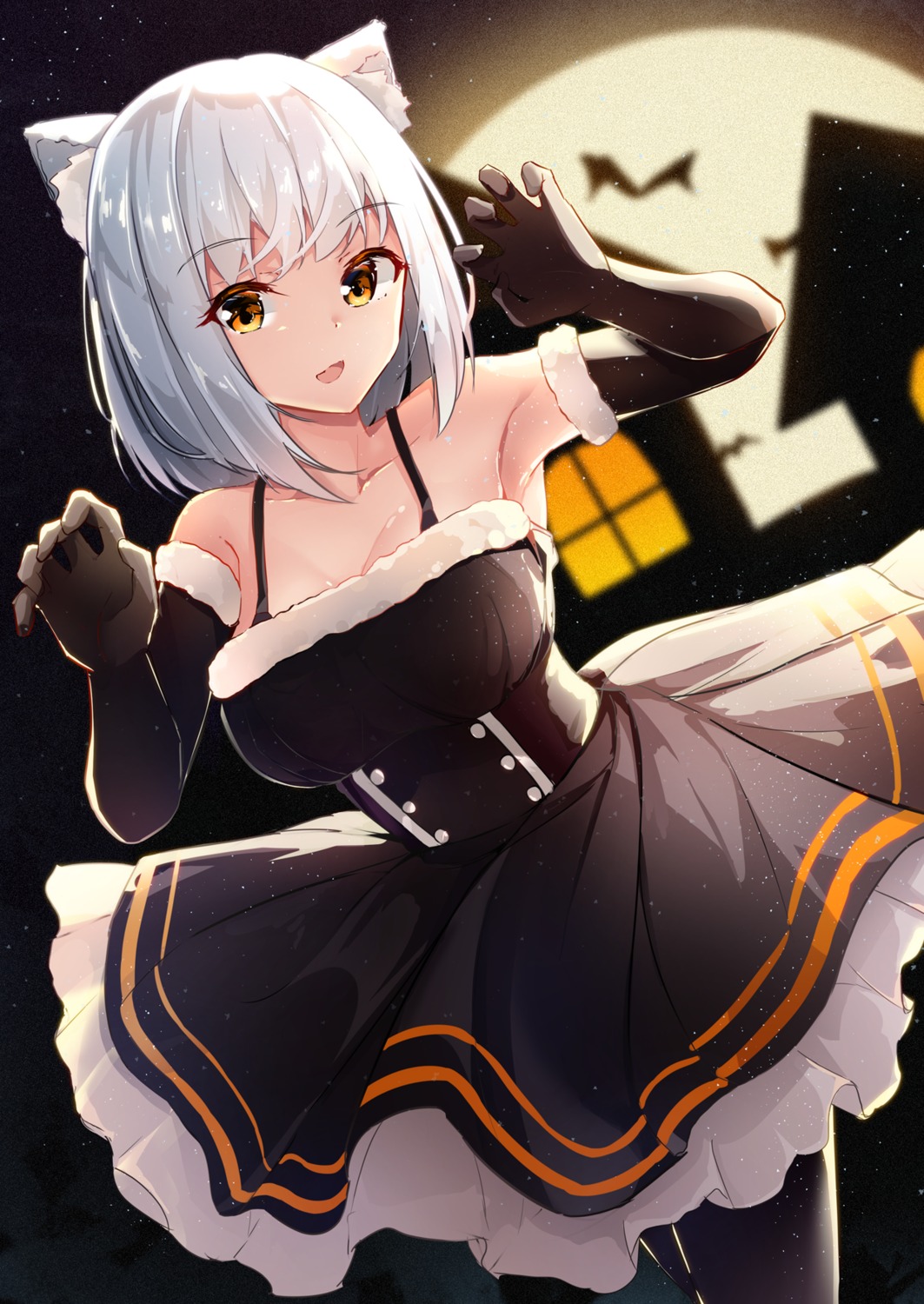 animal_ears, cleavage, cucchiore, dress, halloween, nekomimi, pantyhose, skirt_lift