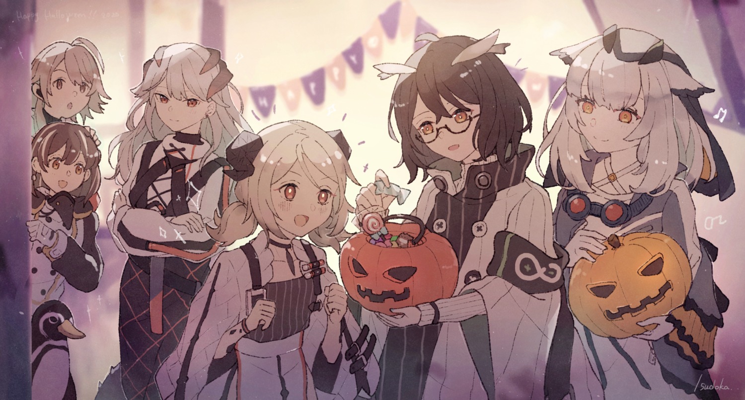 arknights, halloween, horns, ifrit_(arknights), magallan_(arknights), mayer_(arknights), megane, penguin