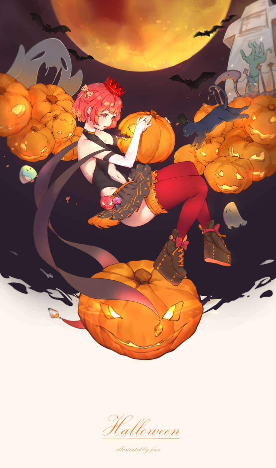 fono, halloween, leotard, no_bra, skirt_lift, thighhighs