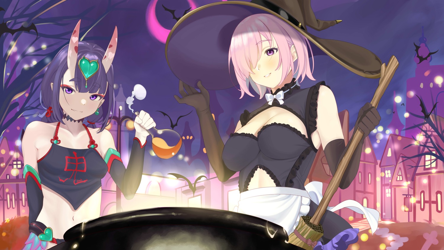 asian_clothes, fate/grand_order, halloween, horns, lingerie, mash_kyrielight, pointy_ears, quatthro, shuten_douji_(fate), witch