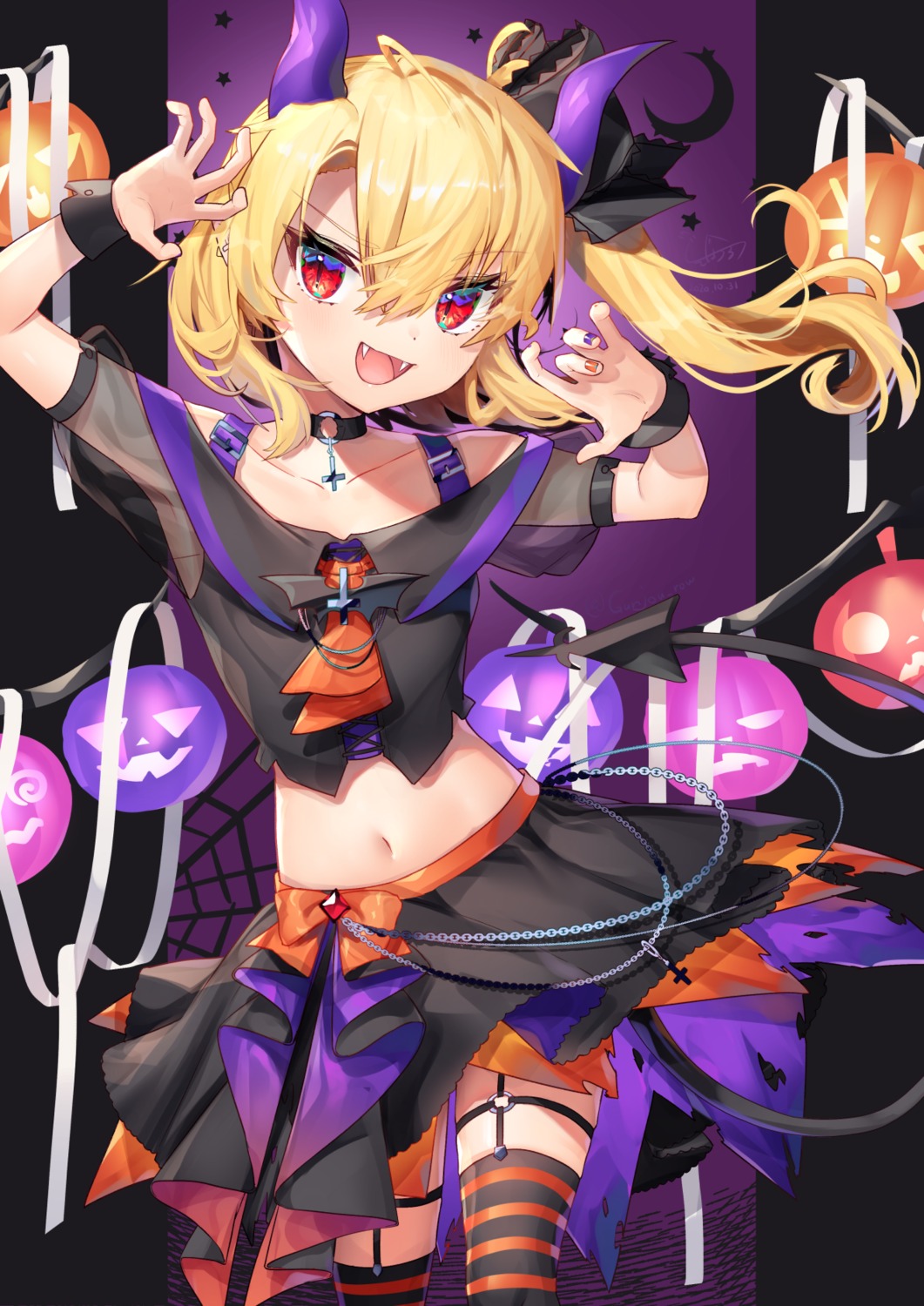 flandre_scarlet, garter, gunjou_row, halloween, horns, pointy_ears, skirt_lift, stockings