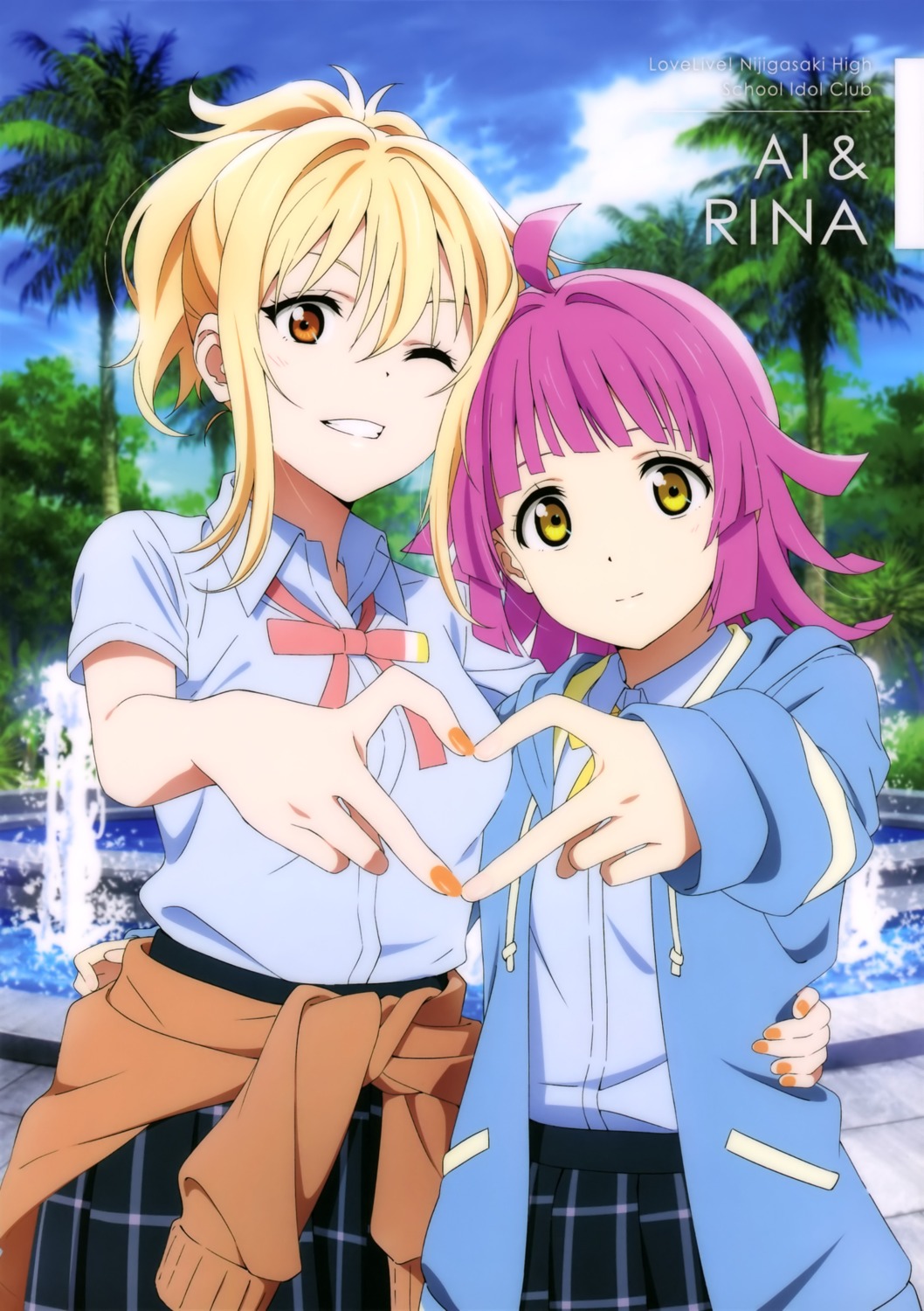 love_live!_(series), love_live!_nijigasaki_gakuen_school_idol_doukoukai, matsumoto_genki, miyashita_ai, seifuku, sweater, tennouji_rina