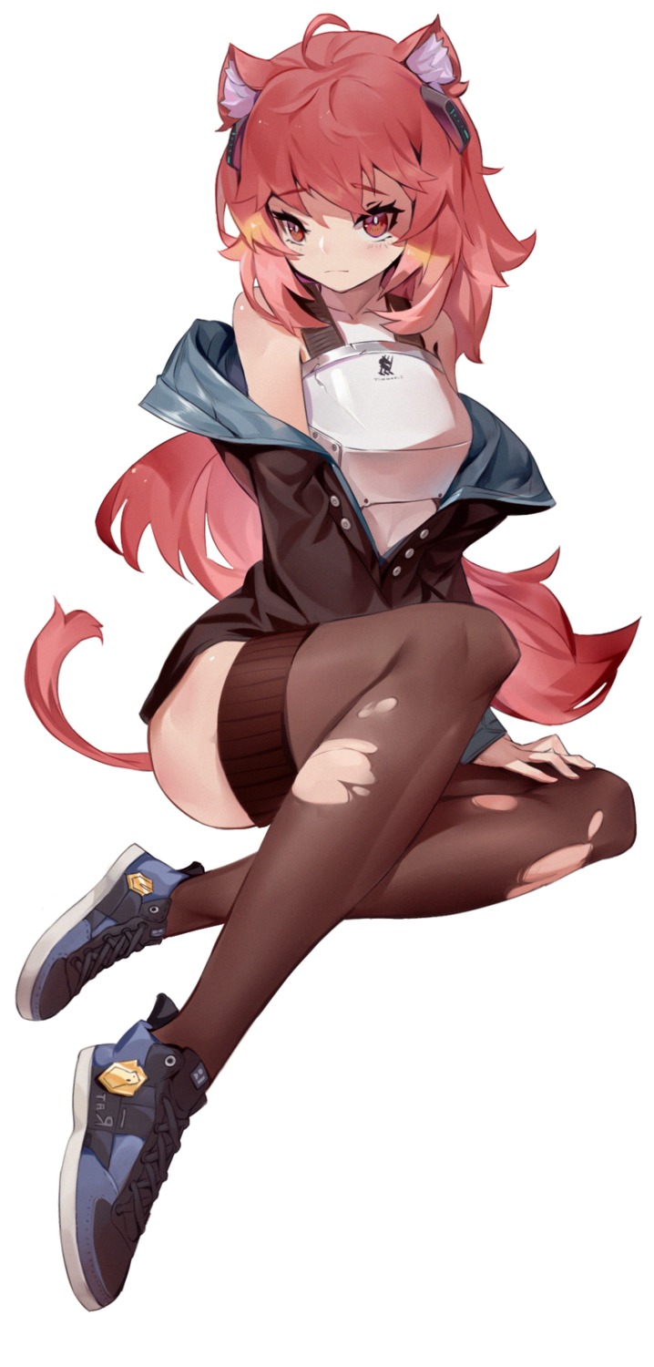 animal_ears, arknights, armor, gravel_(arknights), thighhighs, timwhale, torn_clothes