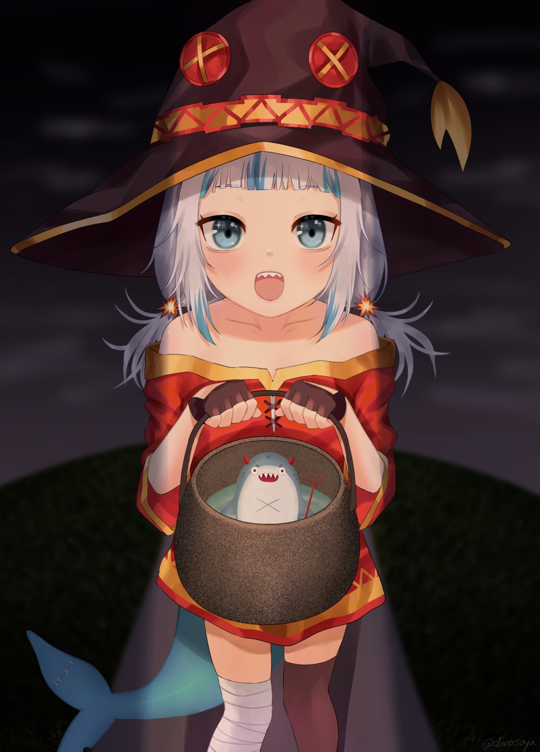 bandages, clover_(cloversoya), cosplay, dress, gawr_gura, halloween, hololive, hololive_english, kono_subarashii_sekai_ni_shukufuku_wo!, megumin, tail, thighhighs, witch