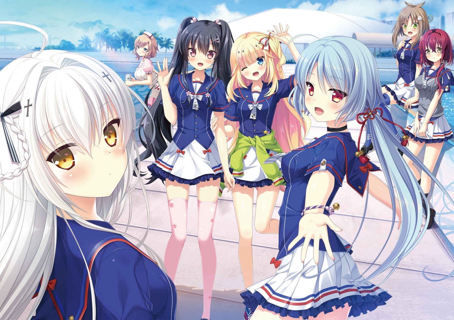 abe_kurumi, deatte_5-fun_wa_ore_no_mono!_jikan_teishi_to_atropos, digital_version, hiiragi_hakua, hulotte, ikegami_akane, kurebayashi_kanon, kurose_sakura, mitsui_ruri, seifuku, shinonome_azusa, thighhighs, yamabuki_noa