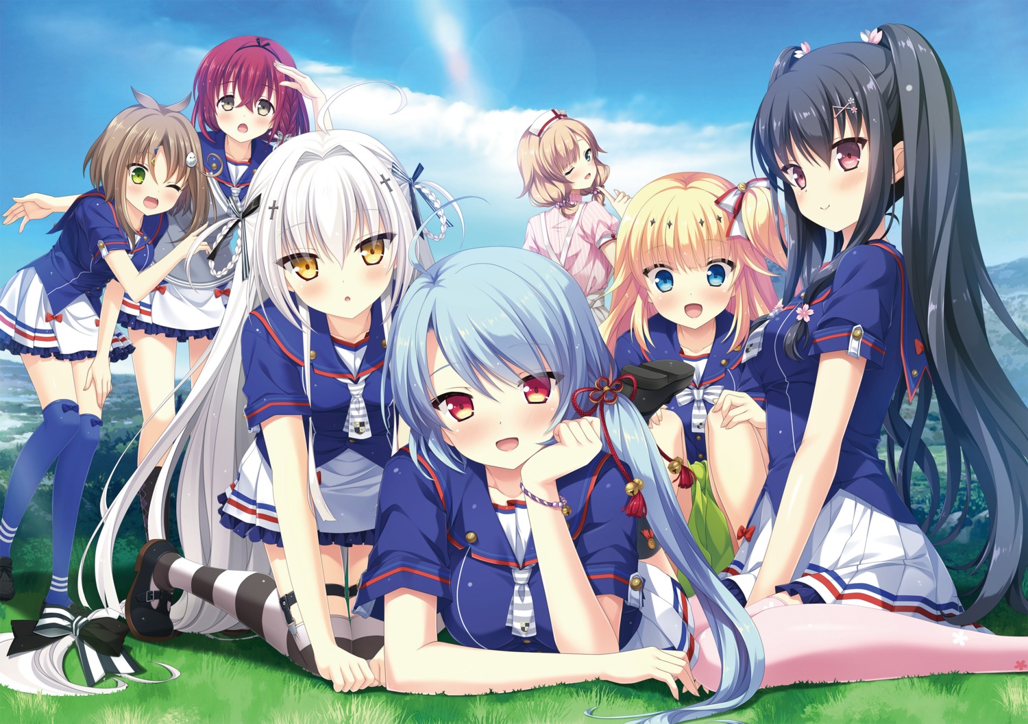 abe_kurumi, deatte_5-fun_wa_ore_no_mono!_jikan_teishi_to_atropos, digital_version, hiiragi_hakua, hulotte, ikegami_akane, kurebayashi_kanon, kurose_sakura, mitsui_ruri, nurse, seifuku, shinonome_azusa, thighhighs, yamabuki_noa