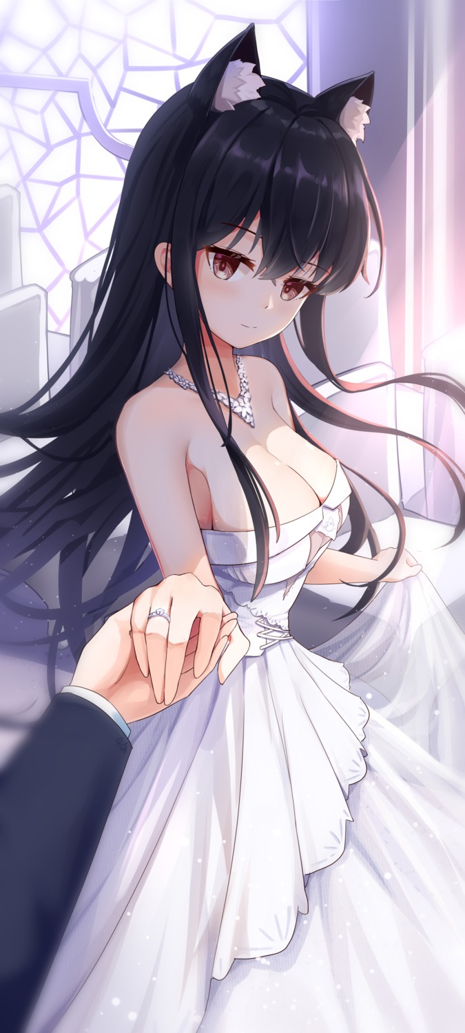 animal_ears, cleavage, dress, nekomimi, qianze_chia, wedding_dress